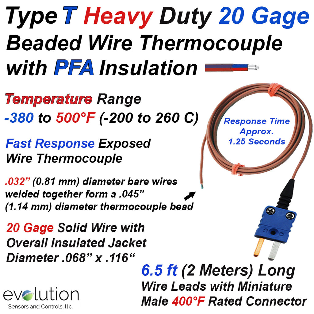 T Type Thermocouple Exposed Junction 6.5 ft of Heavy Duty PFA Wire