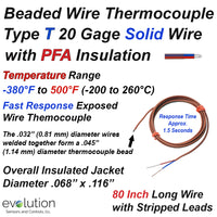 Thermocouple Beaded Wire Sensor Type T 20 Gage PFA Insulated 80 inches long with Stripped Leads
