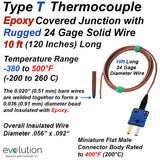 Type T Thermocouple with Epoxy Coated Junction 10ft Leads and Connector