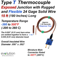 Type T Flexible Wire Thermocouple with 15 ft Leads and Connector 