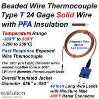 Thermocouple Beaded Wire Sensor Type T 24 Gage PFA Insulated 40 inches long with Miniature Connector