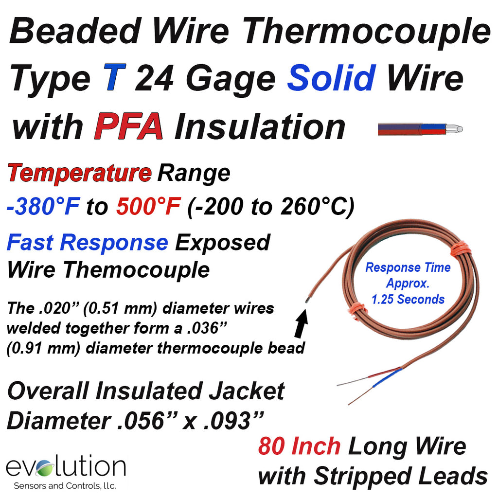 Products Thermocouple Beaded Wire Sensor - Type T 24 Gage PFA Insulated 80 inches long with Stripped Leads