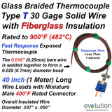 Thermocouple Beaded Wire Sensor Type T 30 Gage Fiberglass Insulated 40 inches long with Miniature Connector