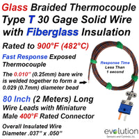 Glass Braided Thermocouple Type T 30 Gage 80 inches long with Miniature Connector