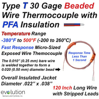 Thermocouple Beaded Wire Sensor Type T 30 Gage PFA Insulated 120 inches long with Stripped Leads