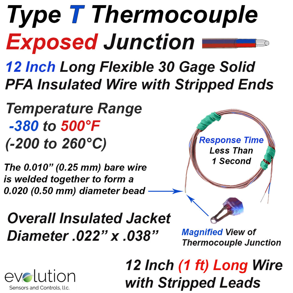 Type T Exposed Thermocouple with Flexible 30 Gage Wire 12 Inches Long