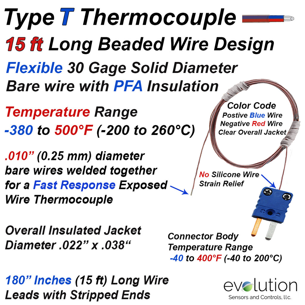 Type T Flexible 30 Gage Wire Thermocouple 15ft Lead Wire and Connector 