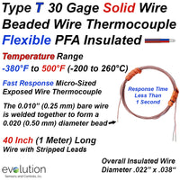 Thermocouple Beaded Wire Sensor Type T 30 Gage PFA Insulated 40 inches long with Stripped Leads