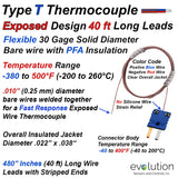 Type T Exposed Thermocouple with 40ft Long Lead Wire with Connector 