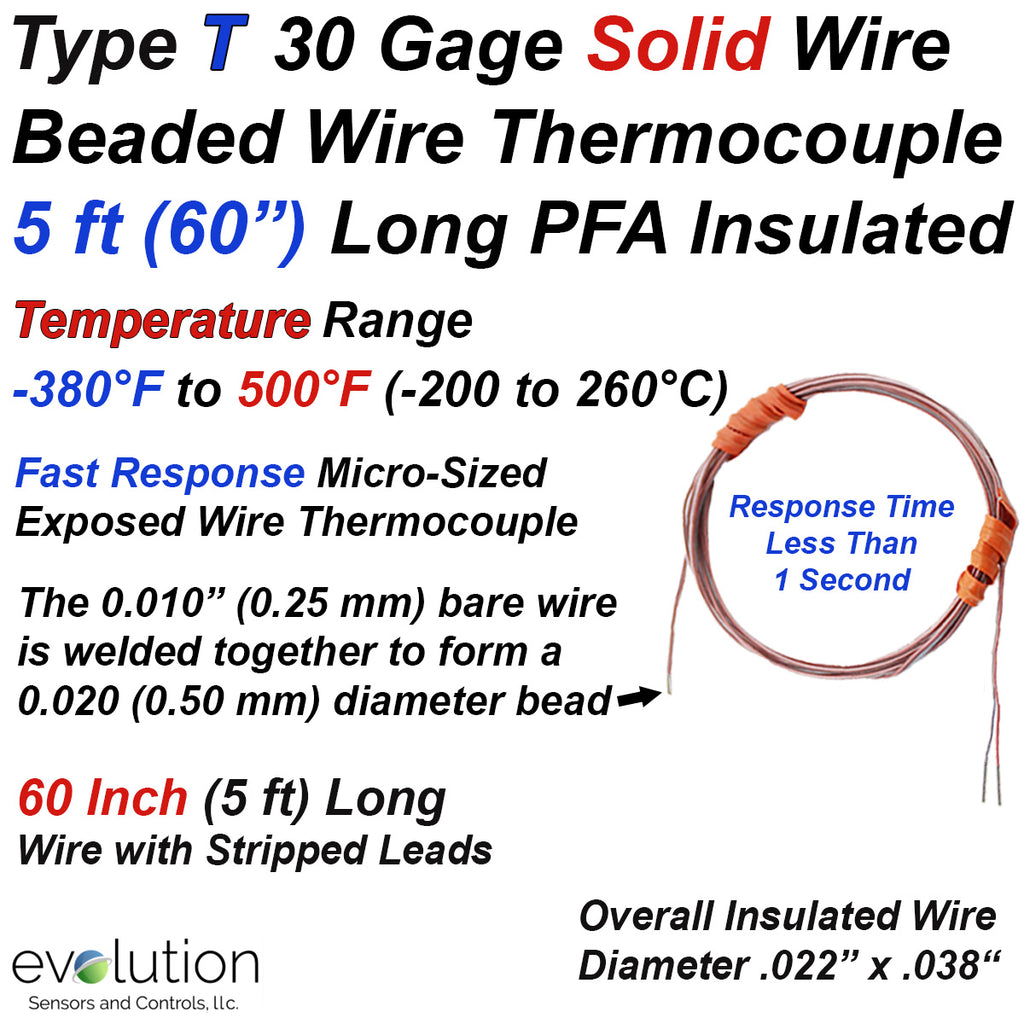 Type T Beaded Thermocouple with 5 ft Long PFA Insulated 30 Gage Wire Leads with Stripped Ends