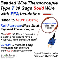 Thermocouple Beaded Wire Sensor Type T 30 Gage PFA Insulated 80 inches long with Miniature Connector
