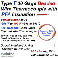Type T Beaded Thermocouple 30 Gage PFA Insulated 80 Inch Long Wire Leads