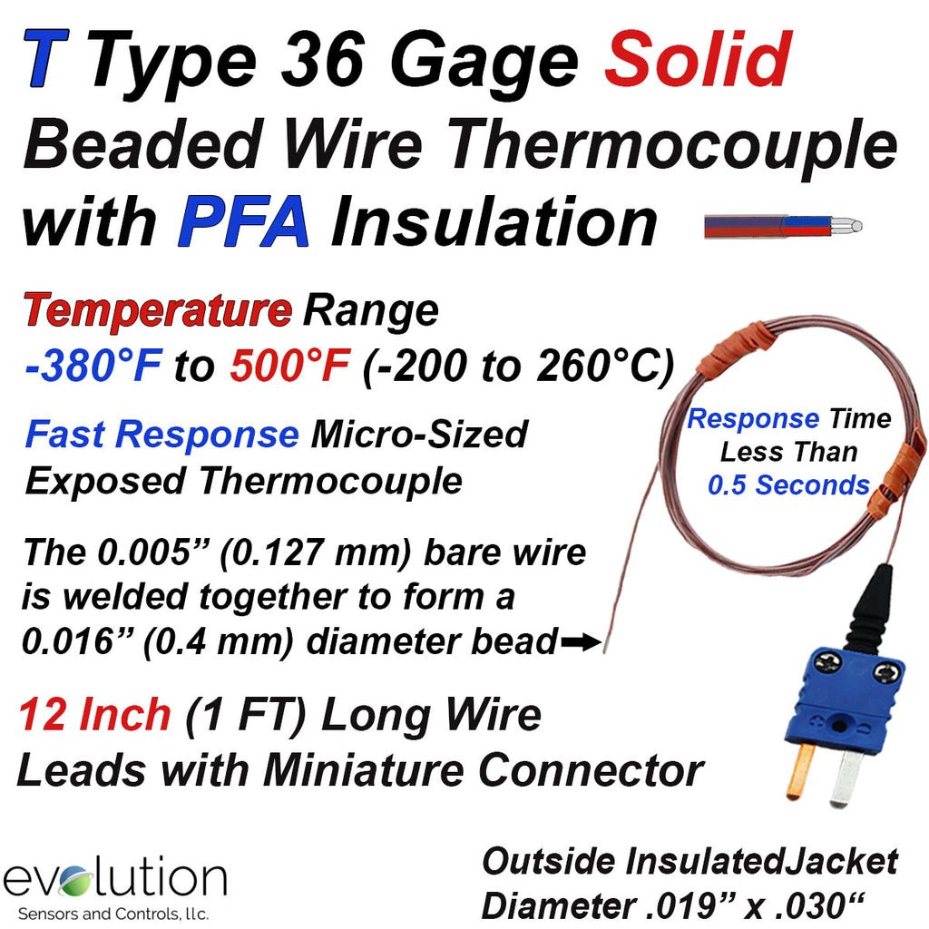 Beaded Wire Thermocouple Type T with 12 to 40 Inches of 36 Gage PFA Insulated Wire and Miniature Connector