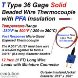 Beaded Wire Thermocouple Type T with 12 to 40 Inches of 36 Gage PFA Insulated Wire and Miniature Connector