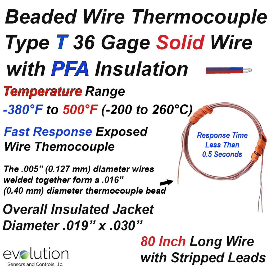 Thermocouple Beaded Wire Sensor Type T 36 Gage PFA Insulated 80 inches long with Stripped Leads