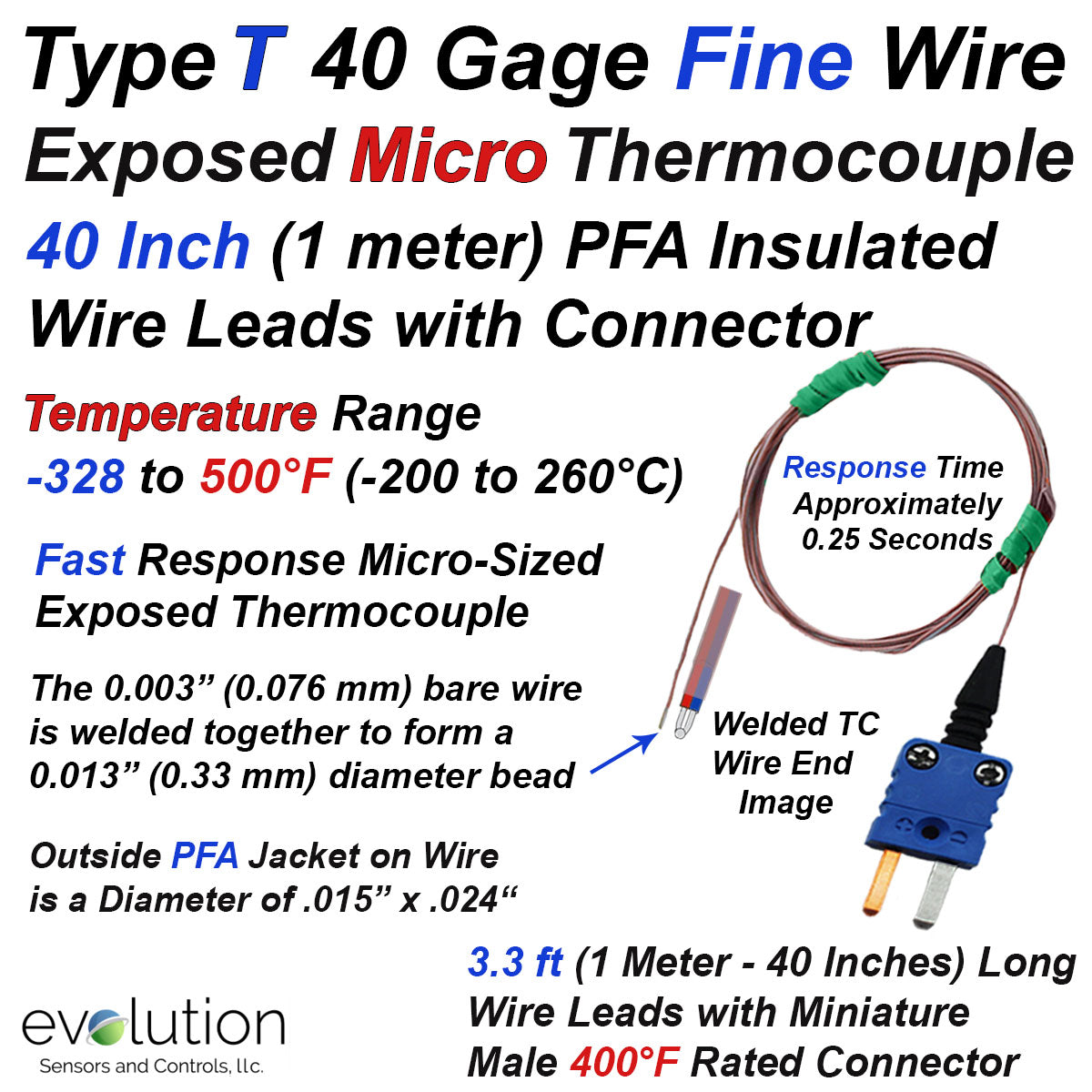 Micro Thermocouple Type T 40 Gage Fine Wire Temperature Sensor  Evolution Sensors and Controls