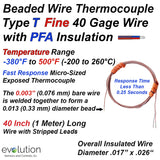 Beaded Wire Thermocouple | Type T | PFA Insulated 40 Gage