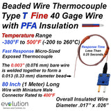 Thermocouple Beaded Wire Sensor Type T 40 Gage PFA Insulated 80 inches long with Miniature Connector