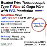 Thermocouple Beaded Wire Sensor - Type T 40 Gage PFA Insulated 80 inches long with Stripped Leads