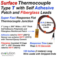 Surface Thermocouple Type T Fast Response with Surface Mount Adhesive Patch and 120 inches of 30 Gage Fiberglass Insulated Wire with Stripped Leads