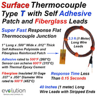 Surface Thermocouple Type T Fast Response with Surface Mount Adhesive Patch and 40 inches of 30 Gage Fiberglass Insulated Wire with Stripped Leads