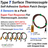 Surface Thermocouple 5 Pack Type T Fast Response 120" Fiberglass Wire with Stripped Leads