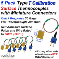 Type T Surface Thermocouples 5 Pack 40 Inch Leads and Mini Connector