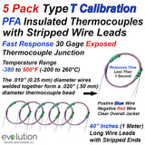 5 Pack of Type T PFA Insulated Thermocouples with 30 Gage Wire