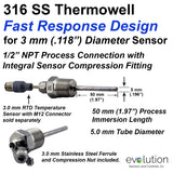 Thermowell 316 Stainless Steel 1/2 NPT and welded tube for 3.0 MM sensor