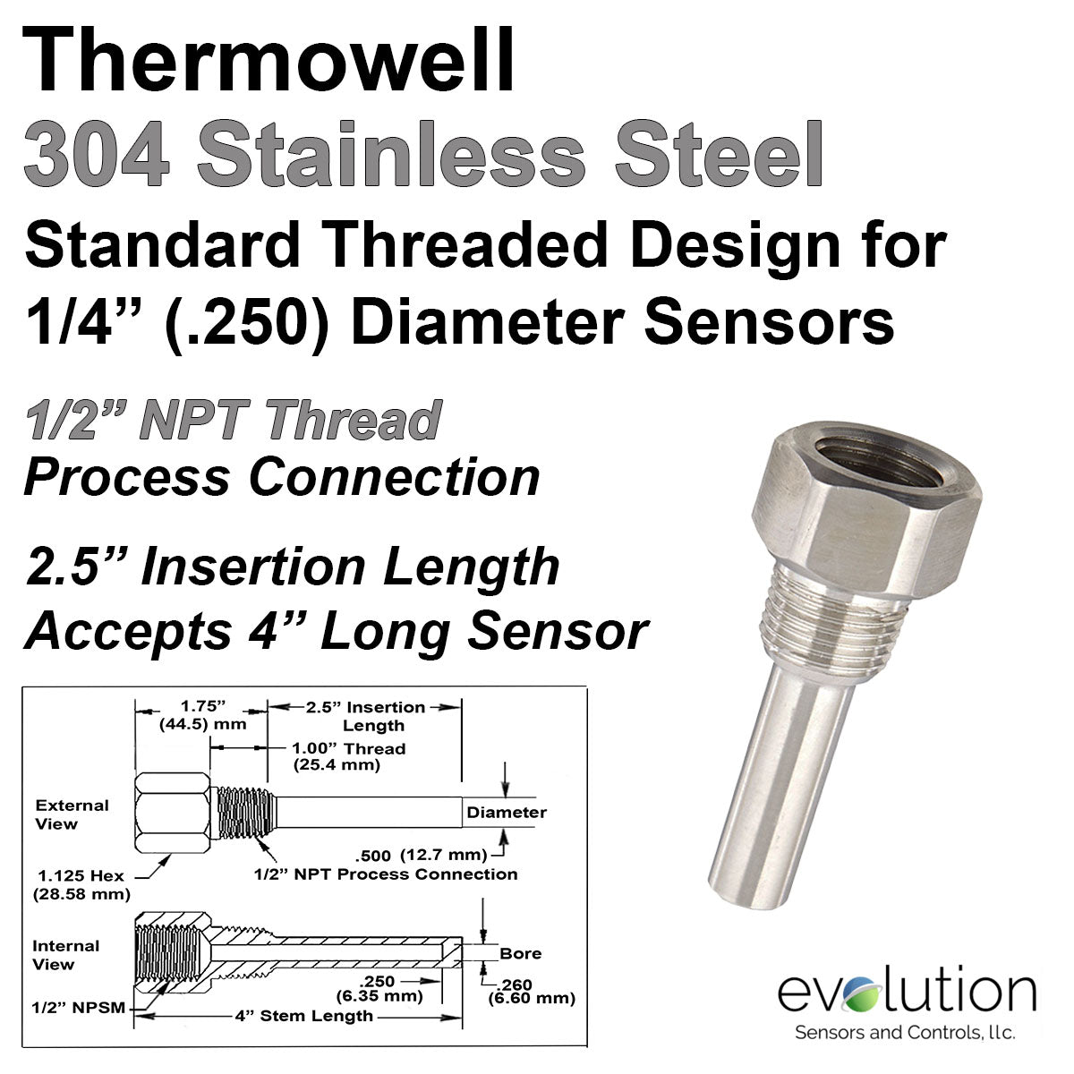 4 Thermowell F-1/2 NPT x M-3/4 NPT 316SS TW60340 4 Thermowell F-1/2 NPT x M-3/4 NPT 316SS TW60340