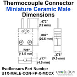 Type U Miniature Male Ceramic Thermocouple Connector Dimensions