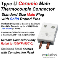 Standard Thermocouple Connectors, Standard Ceramic Male Solid Pins, Type U