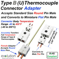 Type B Thermocouple Adapter Connector - Accepts Standard Size Round Pin Male and Converts to Miniature Flat Pin Male