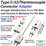 Type B Thermocouple Adapter Connector - Accepts Standard Size Round Pin Male and Converts to Miniature Flat Pin Male