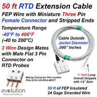 RTD Extension Cable - 50ft Leads with 3-Pin Flat Miniature Female Connector and Stripped Ends
