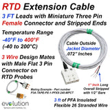 RTD Extension Cable 3ft Leads 3-Pin Mini Female and Stripped Wire End