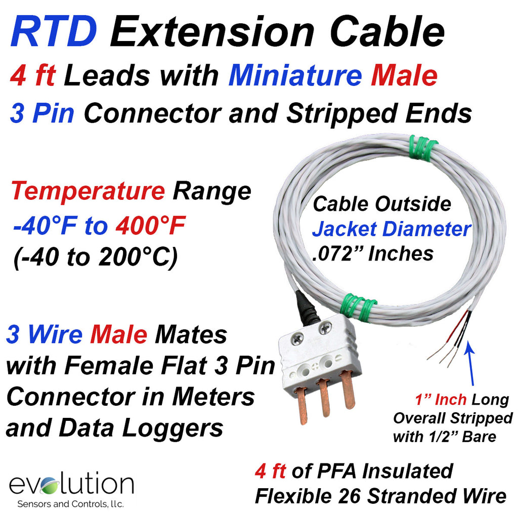 RTD Extension Cable with 3-Pin Miniature Male and Stripped Lead Wire 