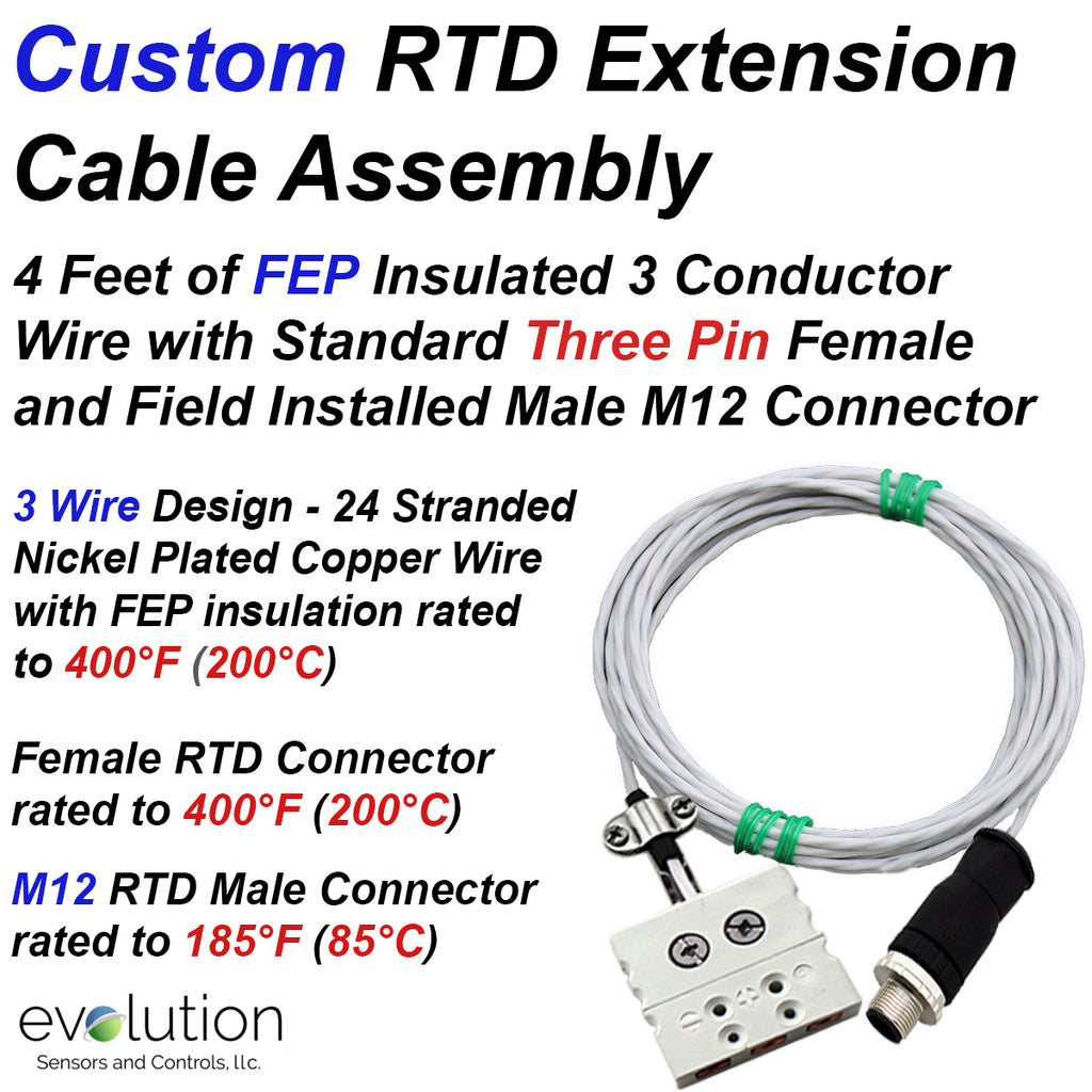 Custom RTD Extension Cable Assembly M12 Male Connector and Standard Female Connector