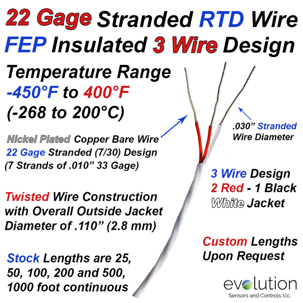 22 Gage Stranded RTD Wire FEP Insulated 3 Wire Design