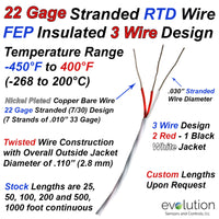 22 Gage Stranded RTD Wire FEP Insulated 3 Wire Design