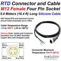 RTD Extension Cable with M12 Female Connector and Stripped Leads 5M Long
