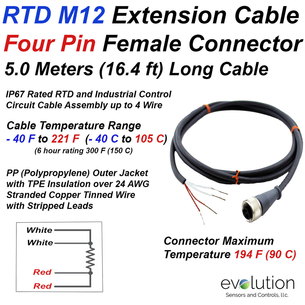 RTD M12 Connector Extension Cable Assembly Straight Design