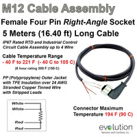 M12 RTD Extension Cable Assembly 5 Meters Long Female Connector and Stripped Leads
