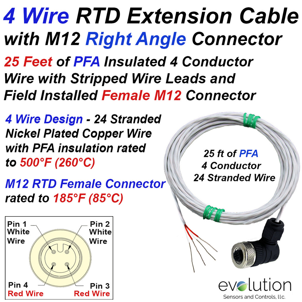 RTD Extension Cable 4 Wire Design M12 Female Connector 25 ft Leads