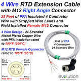 RTD Extension Cable 4 Wire Design M12 Female Connector 25 ft Leads