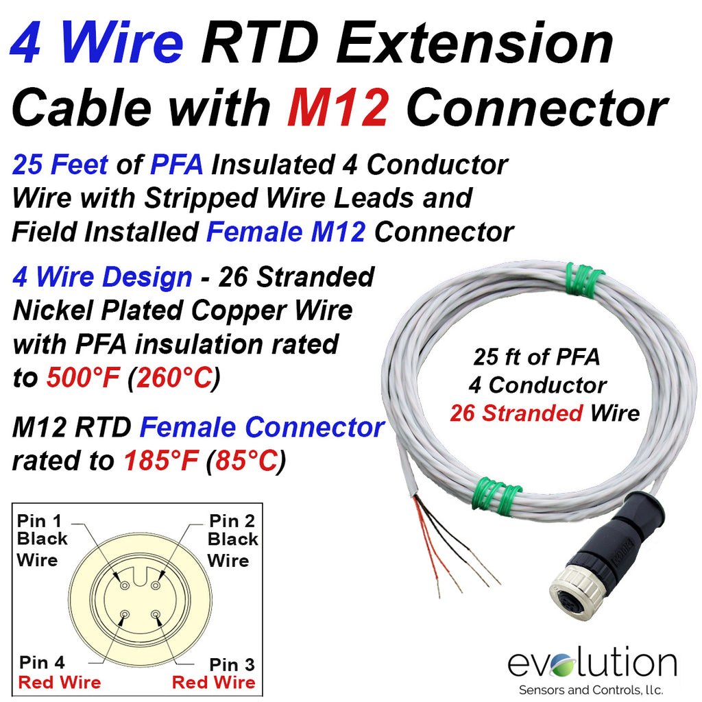 4 Wire RTD Extension Cable with M12 Female Connector with 25 ft Leads