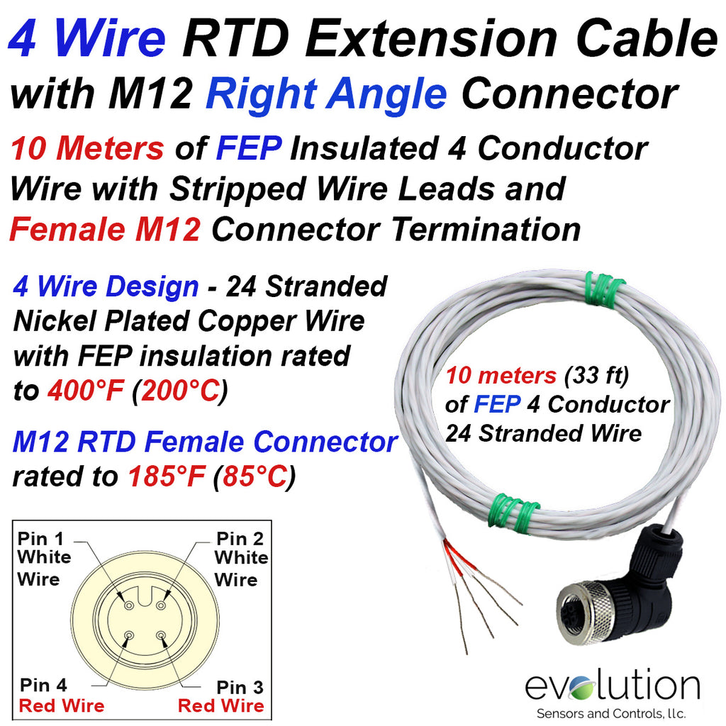 RTD Extension Cable 4 Wire Design M12 Female Connector 33 ft Leads