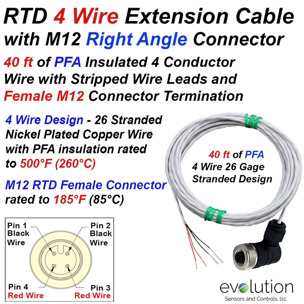 RTD 4 Wire Extension Cable M12 Right Angle Female Connector 40ft Leads