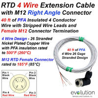 RTD 4 Wire Extension Cable M12 Right Angle Female Connector 40ft Leads