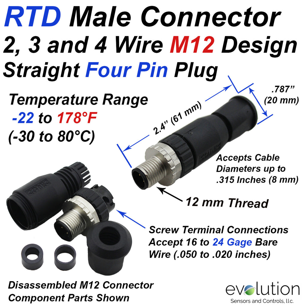 RTD M12 Connector Straight Male 4 Pin Design